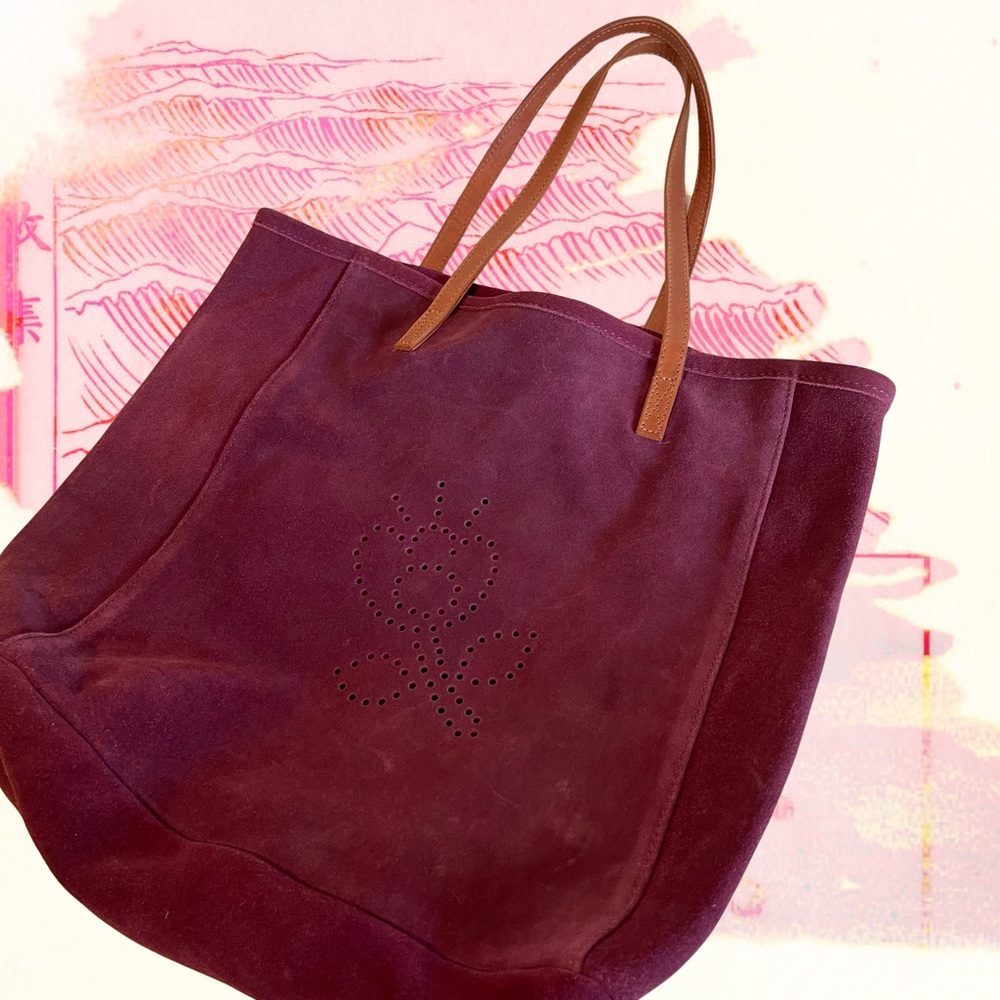 Gudrun Sjoden Bohemian Suede Leather Tote Bag Berry Burgundy flower pattern NWOT